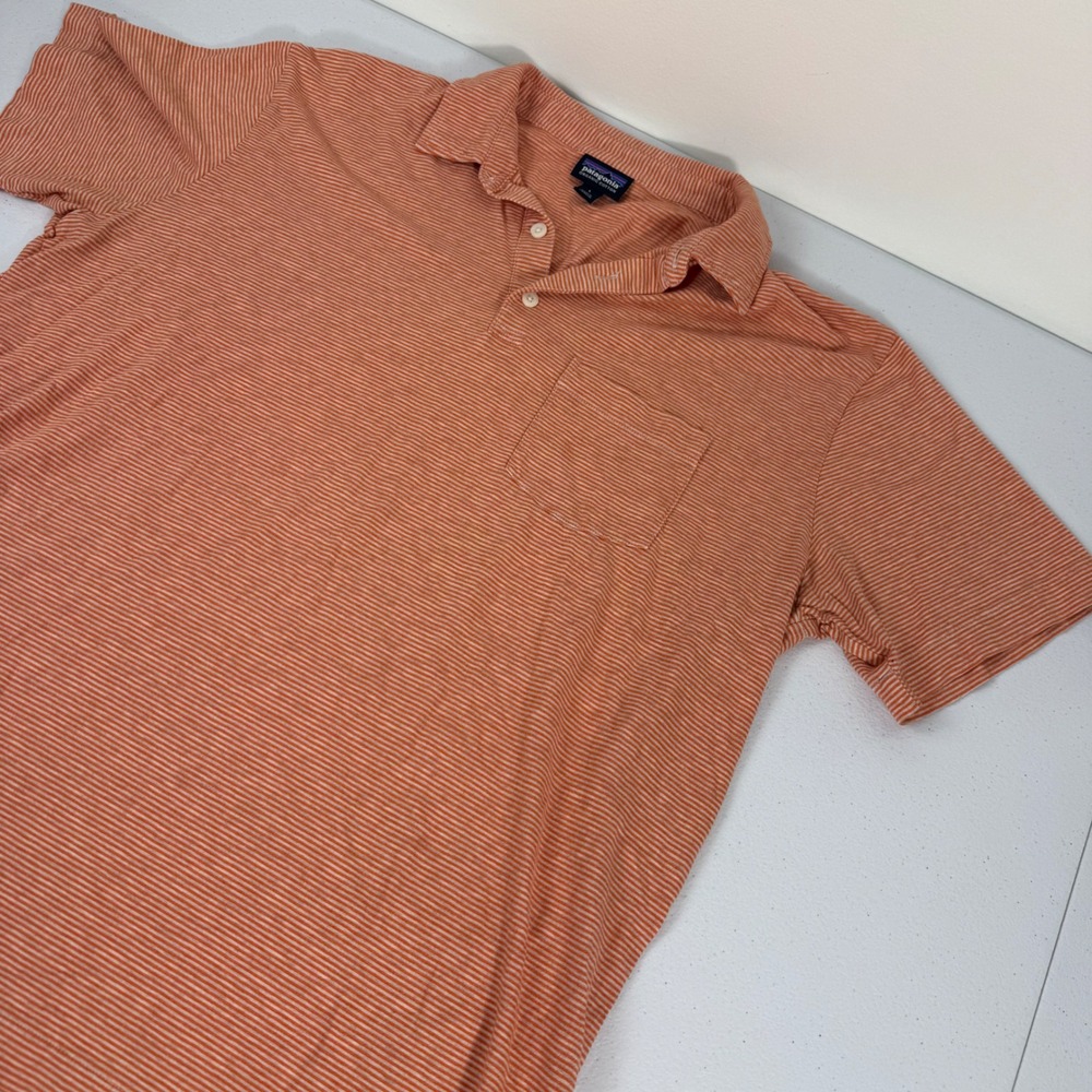 Patagonia Mens Large Organic Cotton Striped Polo Shirt Orange Short Sleeve L